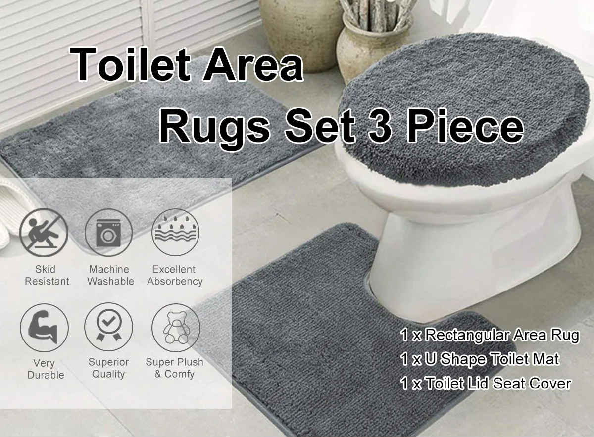 Custom Bathroom Rug Set 3 Pieces Nonslip Shaggy Soft Rectangular Area