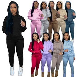 wholesale 2021 custom blank tracksuit suit solid colors long sleeve sweatsuit sweater two piece hoodies embroidery set for women