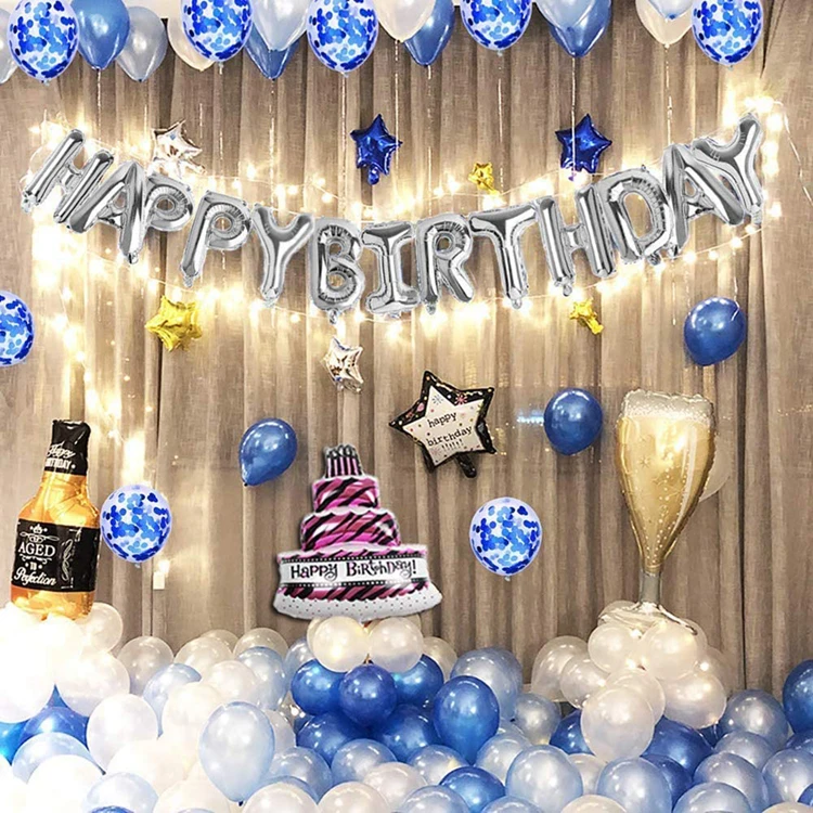 18 Inch Blue Birthday Decorations Foil Balloons Heart Latex White ...