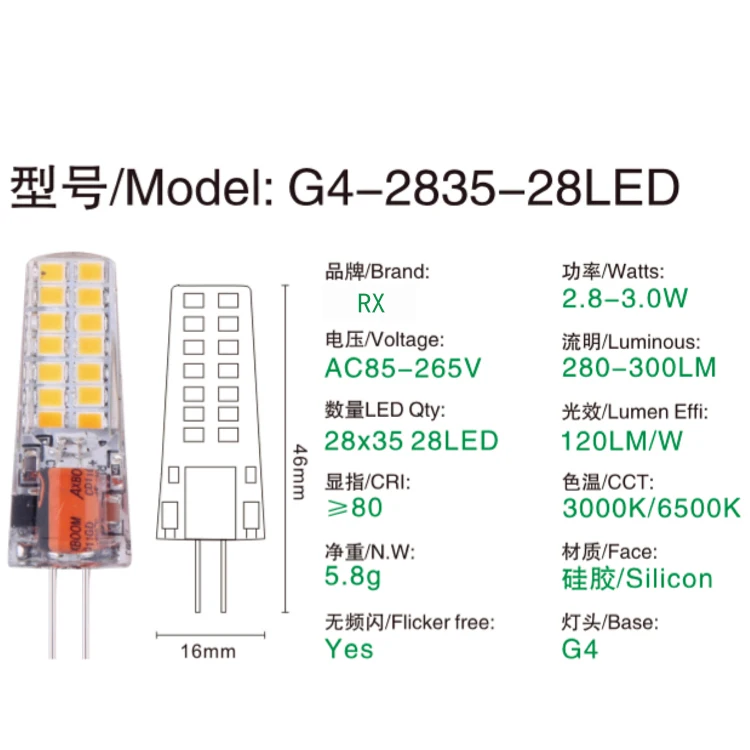 LED G4 lamp bulb 2835SMD AC 220V 2w 3w replace 20w halogen for lighting indoor spotlight chandelier 28D