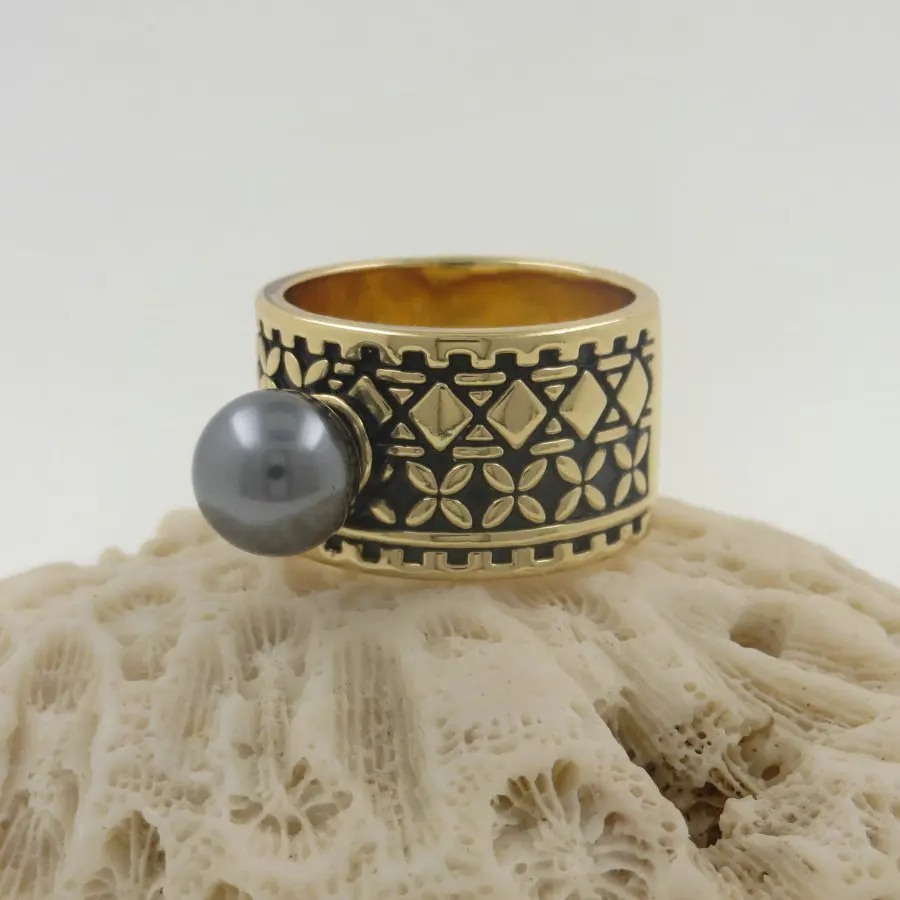 Jx27 Hawaiian Samoan Tribal Jewelry Ring Gold Cz Stone Pearl Ring With 