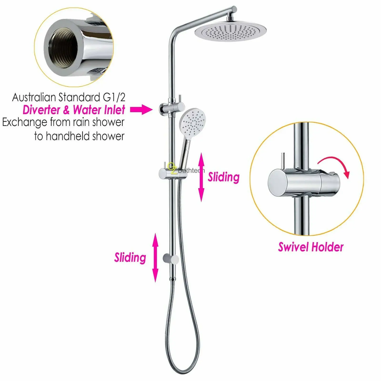 Chrome Stainless Steel Adjustable Sliding Bar 3 Function Hand Shower 9 ...