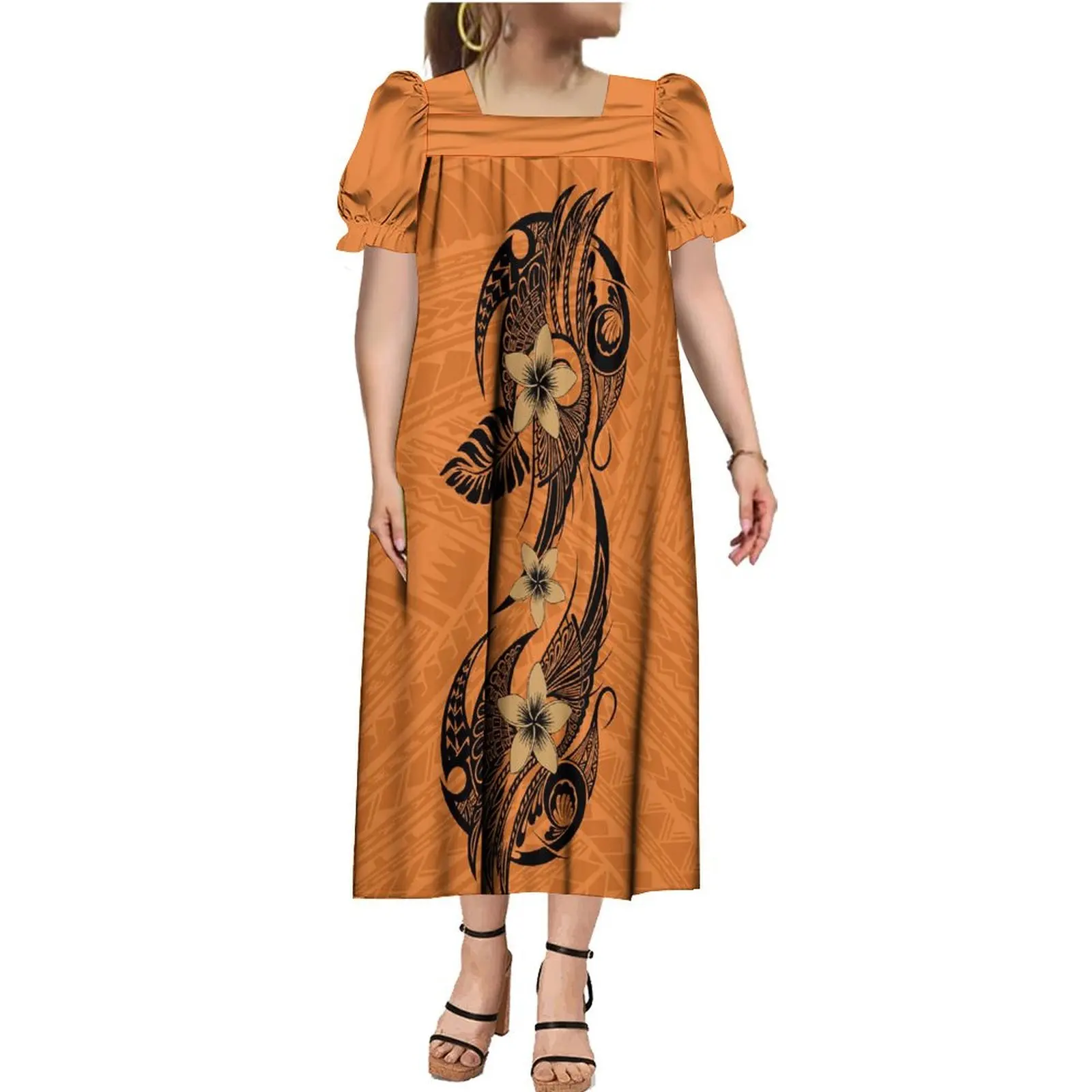 Wholesale OEM Customized Polynesian Tribal Design tretch Micronesian Muumuu Mumus Micronesia Mumu Dress Puff horts leeve quare Neck Puffy Midi Dresses