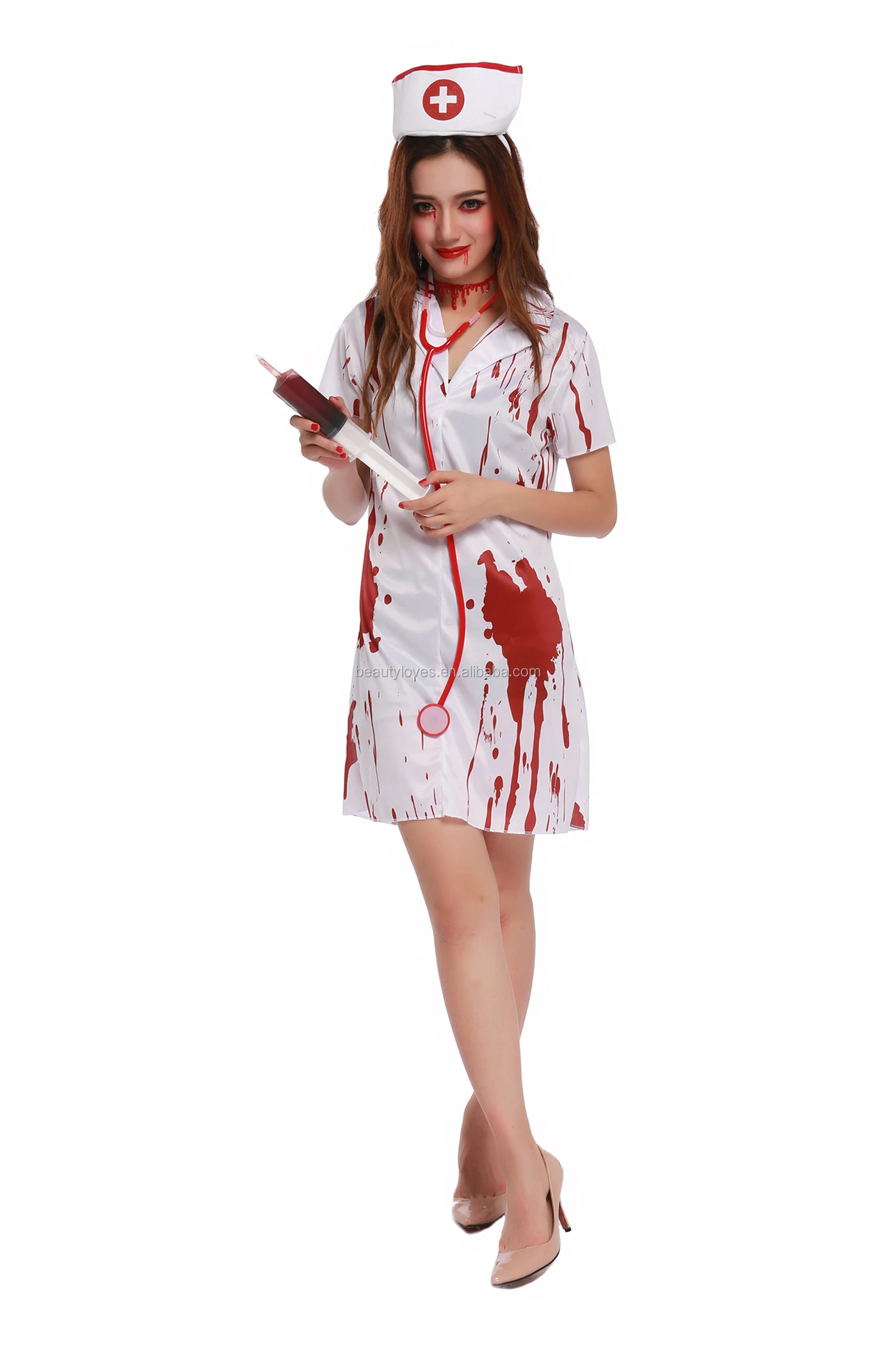 LADIES ZOMBIE NURSE HALLOWEEN FANCY DRESS COSTUME PLUS HAT BLOOD STAINED OUTFIT 
