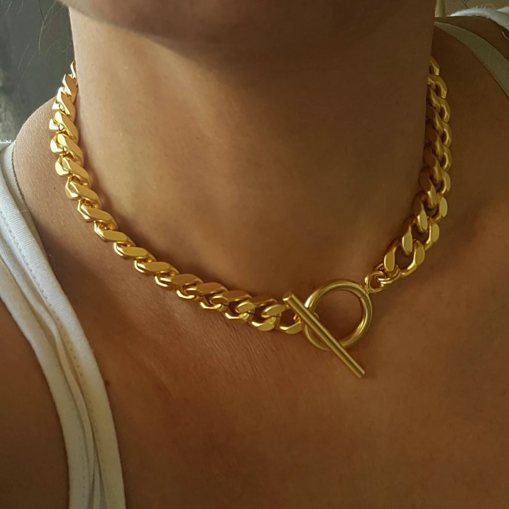 Chunky Chain Gold Necklace Charm, Vintage Toggle Necklace, Charm Necklace, Tag Gold Choker, Rock Gold Necklace Set, Vintage sale Gold Link Chain