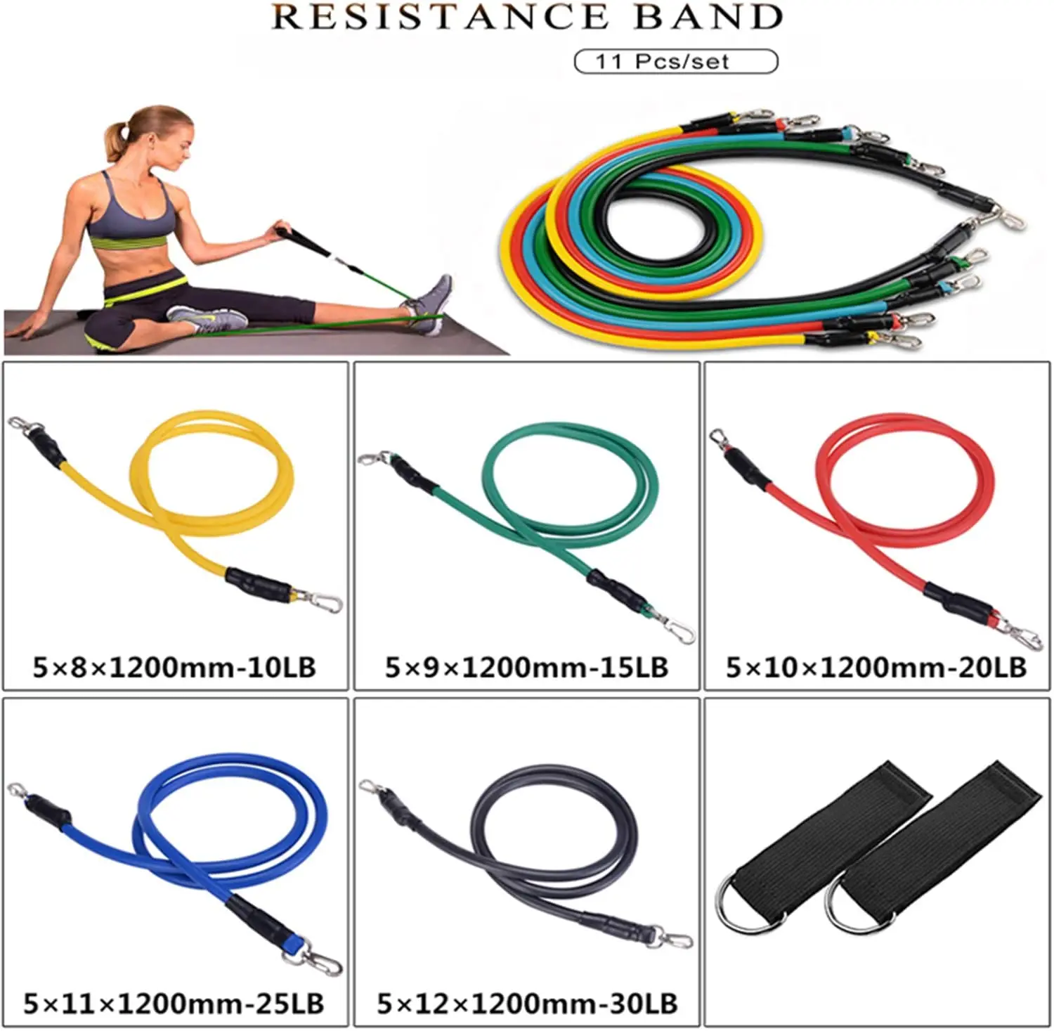 11 Piece Resistance Band Set Training Body Exercise Yoga Tubes Pull ...