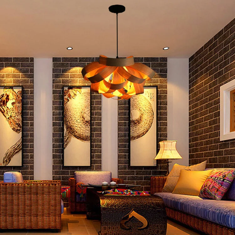 Handmade natural oak cherry  curvy wooden veneer rattan bamboo weaving chandelier pendant light