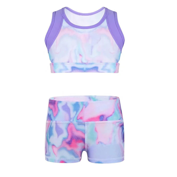 
Kids Colorful Ballet Crop Top+Shorts girl-cut High Waist 2pcs Gymnastics Leotard for Ballet Stage Performance Workout 