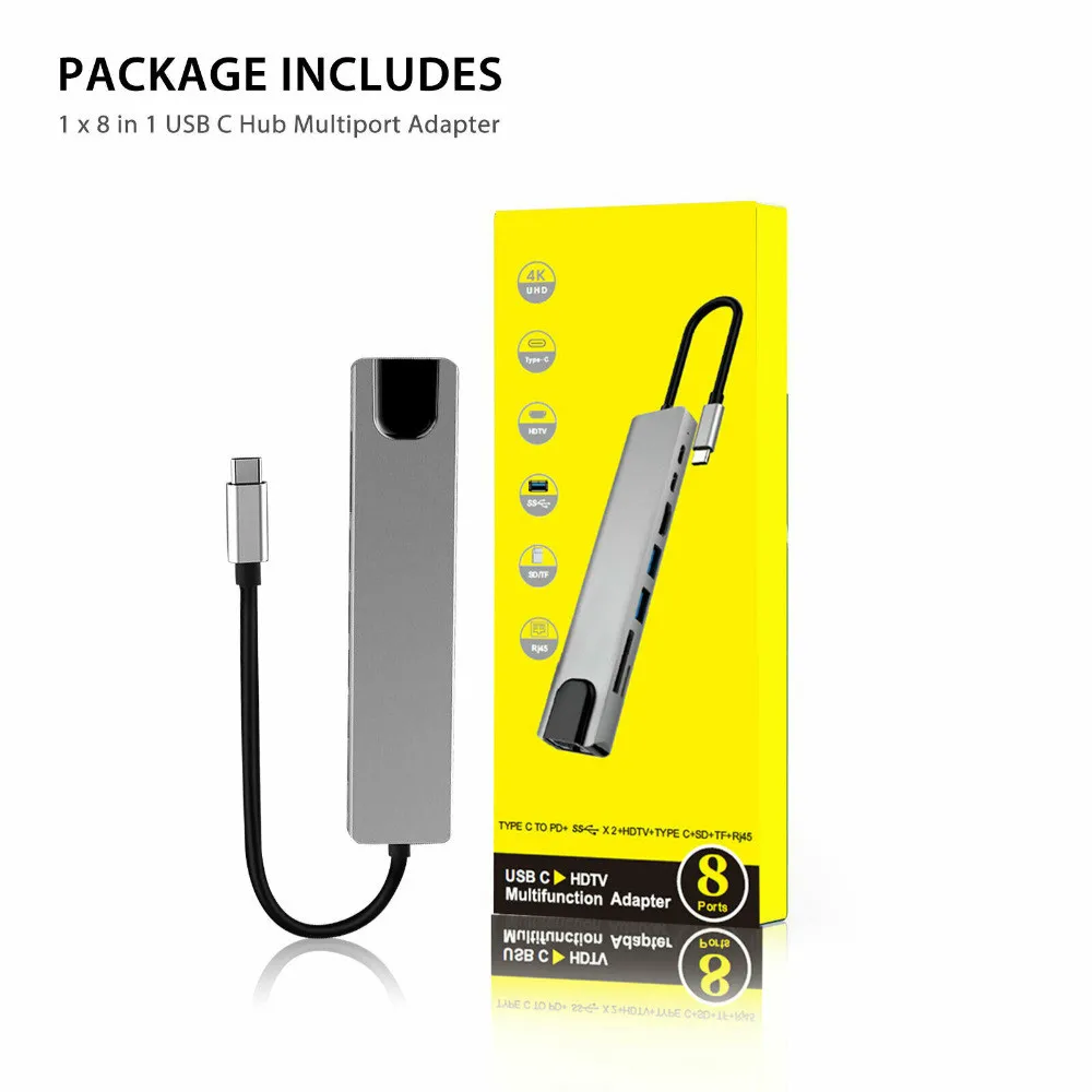 8 in 1 Type C USB Ethernet Adapter Hub with 4K HD Output, PD