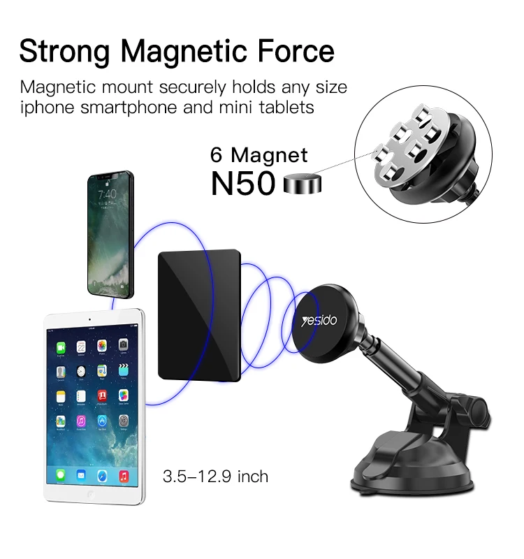 factory custom 6pcs n50 magnets telescopic cell phone tablet mount support universal car magnetic mobile holder