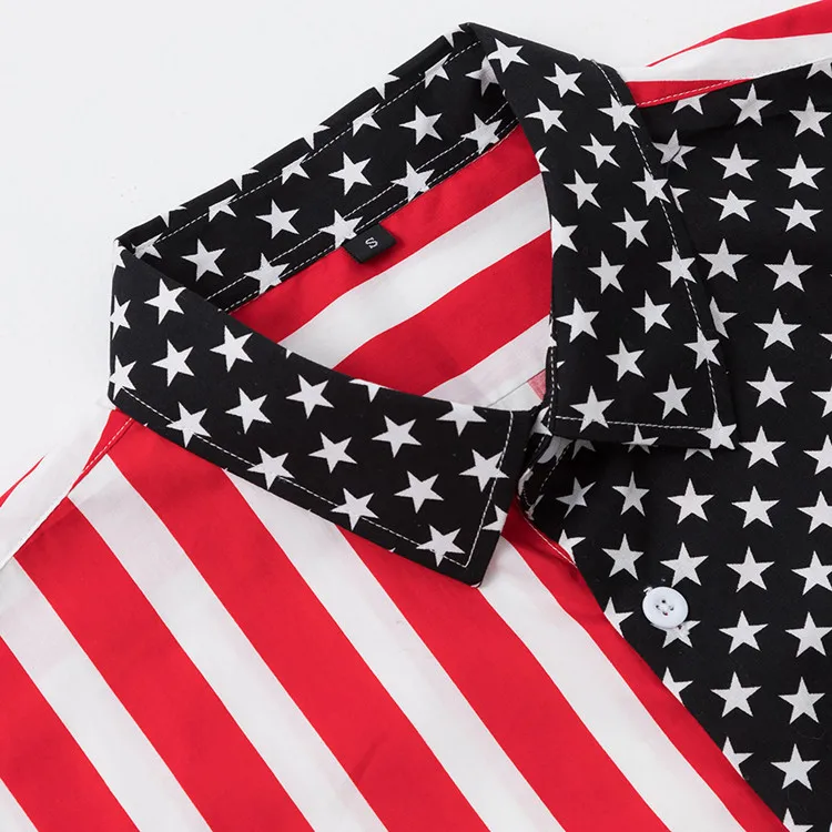 2020 neues Design, individuelles Logo für Herren, 100 % Baumwolle, kurzärmelig, mit amerikanischer USA-Flagge, bedruckt, Aloha-Strand-Hawaiihemden für Herren