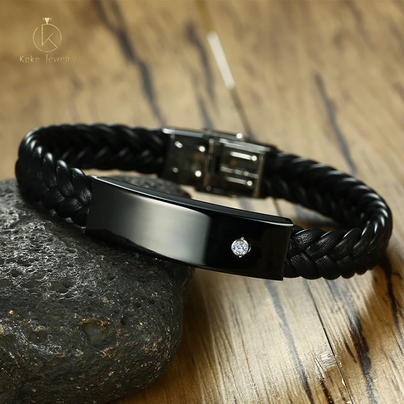 Stainless Steel Leather Bracelet Men's Microfiber Leather Rhinestone
