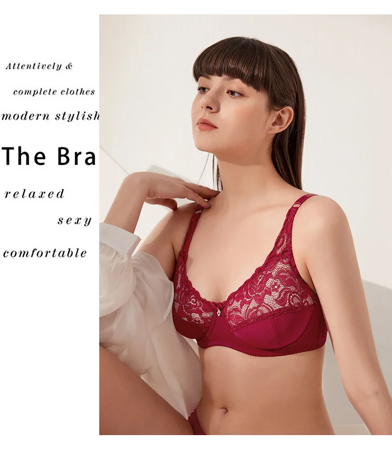 Ultra-Thin Large Size Steel Ring Bra Sexy Lace Lingerie with Adjustable Gathered Cups Breathable Feature for Foreign Trade