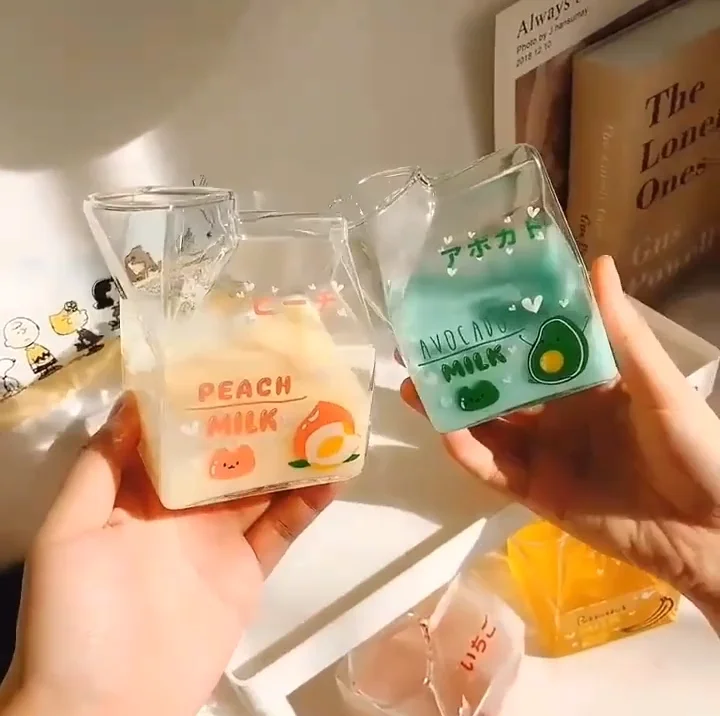 UKKO Mugs 380Ml Kawaii Square Milk Carton Glass Cup Cute Strawberry Creative Breakfast Cup For Home Portable Student Transparent 