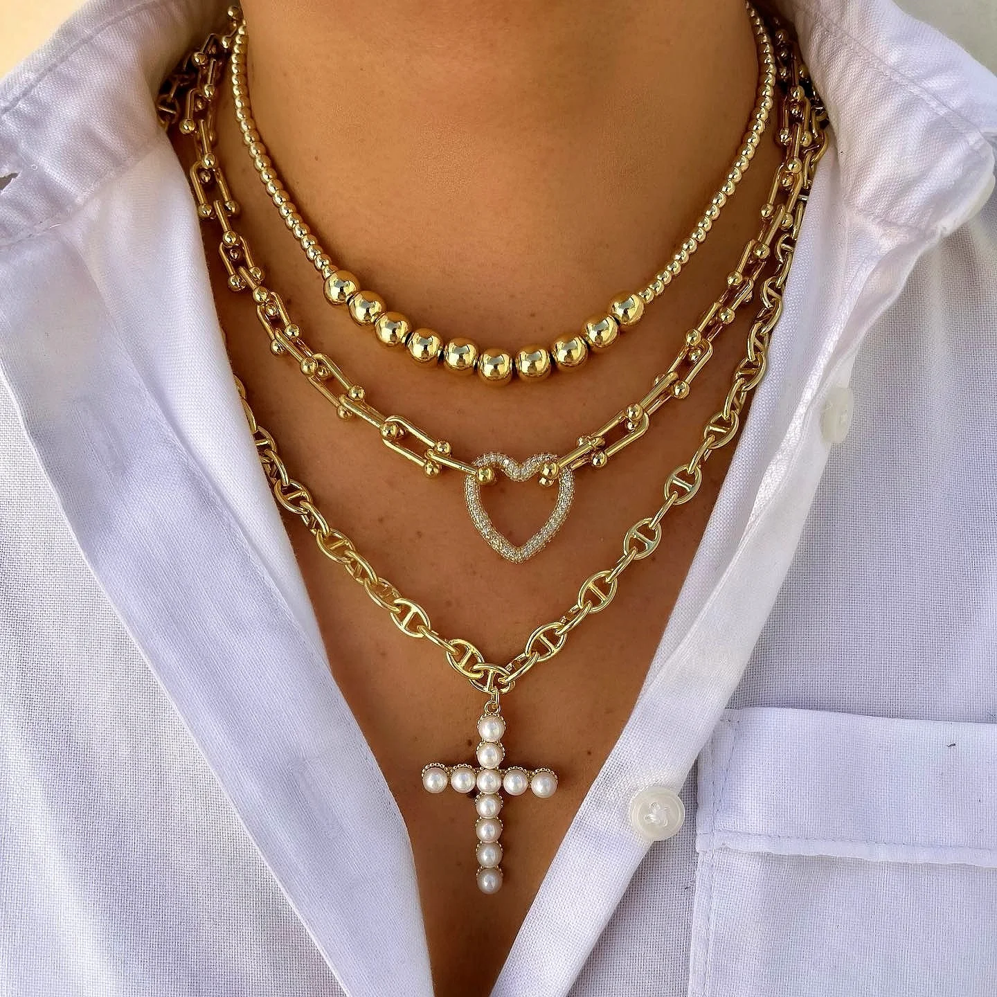 Popular Full Diamond Zircon Heart Choker Necklace Freshwater Pearl With