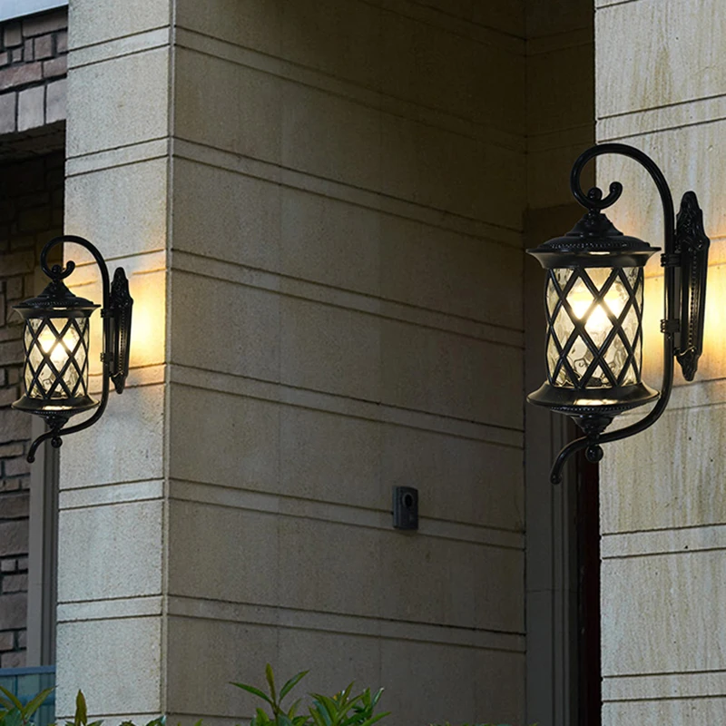 LED Outdoor Wall Lamps Aluminum Lantern Lighting With Seeded Glass Square Mini