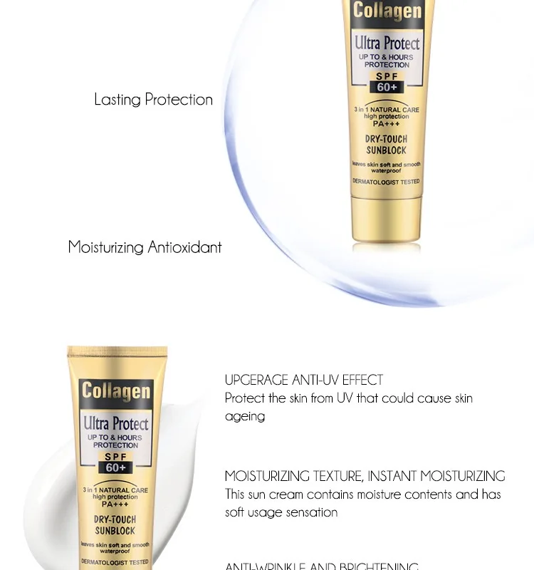 Wholesale Best selling Collagen Ultra Protect SPF 60+ sunblock moisturizer whitening organic sunscreen cream for all skin