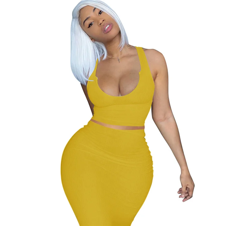 

OSINA 2021 Fashiona Summer Women Solid Color Elegant Sleeveless Vest Skirt Set Girls Two Piece Set Long Skirt