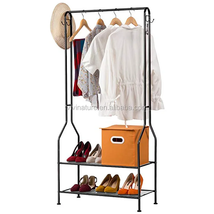 FB FunkyBuys® White Metal Clothes Rack Coat Garment Hanger Hallway Organizer Adjustable Hanging Rail Portable Stand 2-tier Shoe Shelving A Shaped 