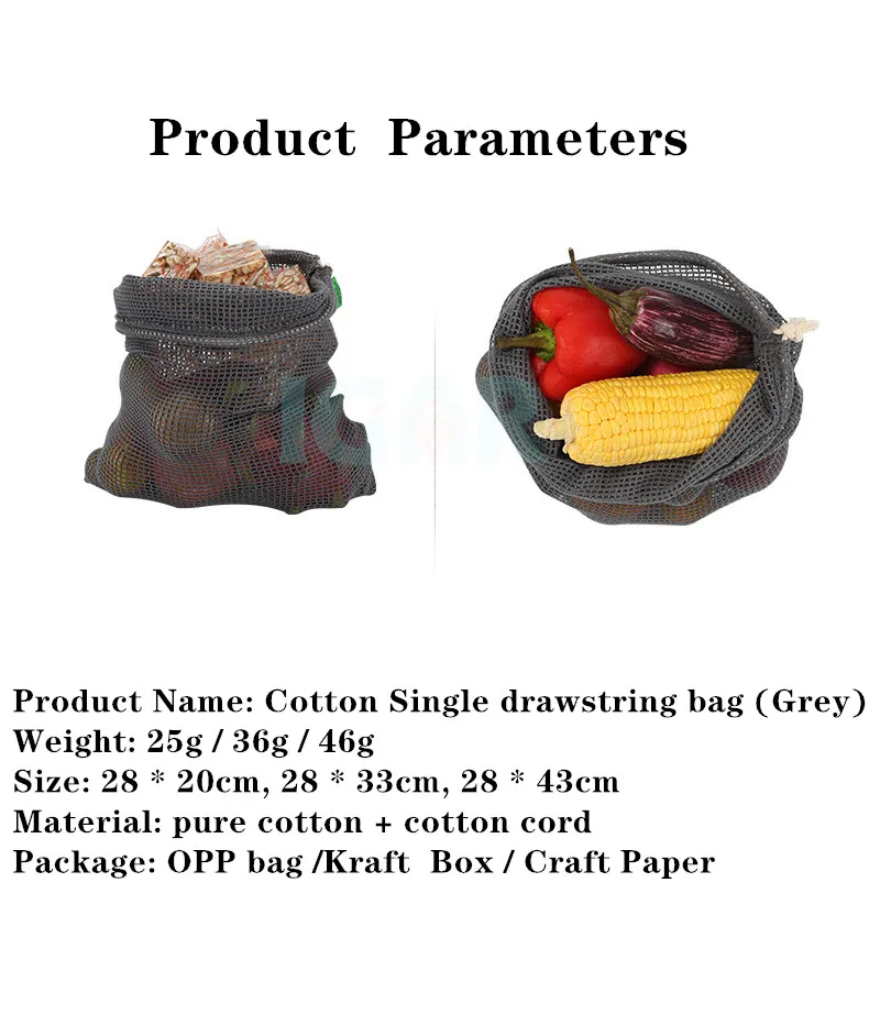 Gray color recycle fruit and vegetable bag reusable organic cotton mesh bags for fruits and vegetables 
