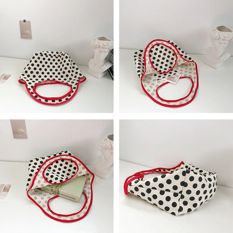 2024 Japanese Style Canvas Shopping Bag Fashionable Dot Casual Shoulder Handbag Outdoor Canvas Shopping Bag