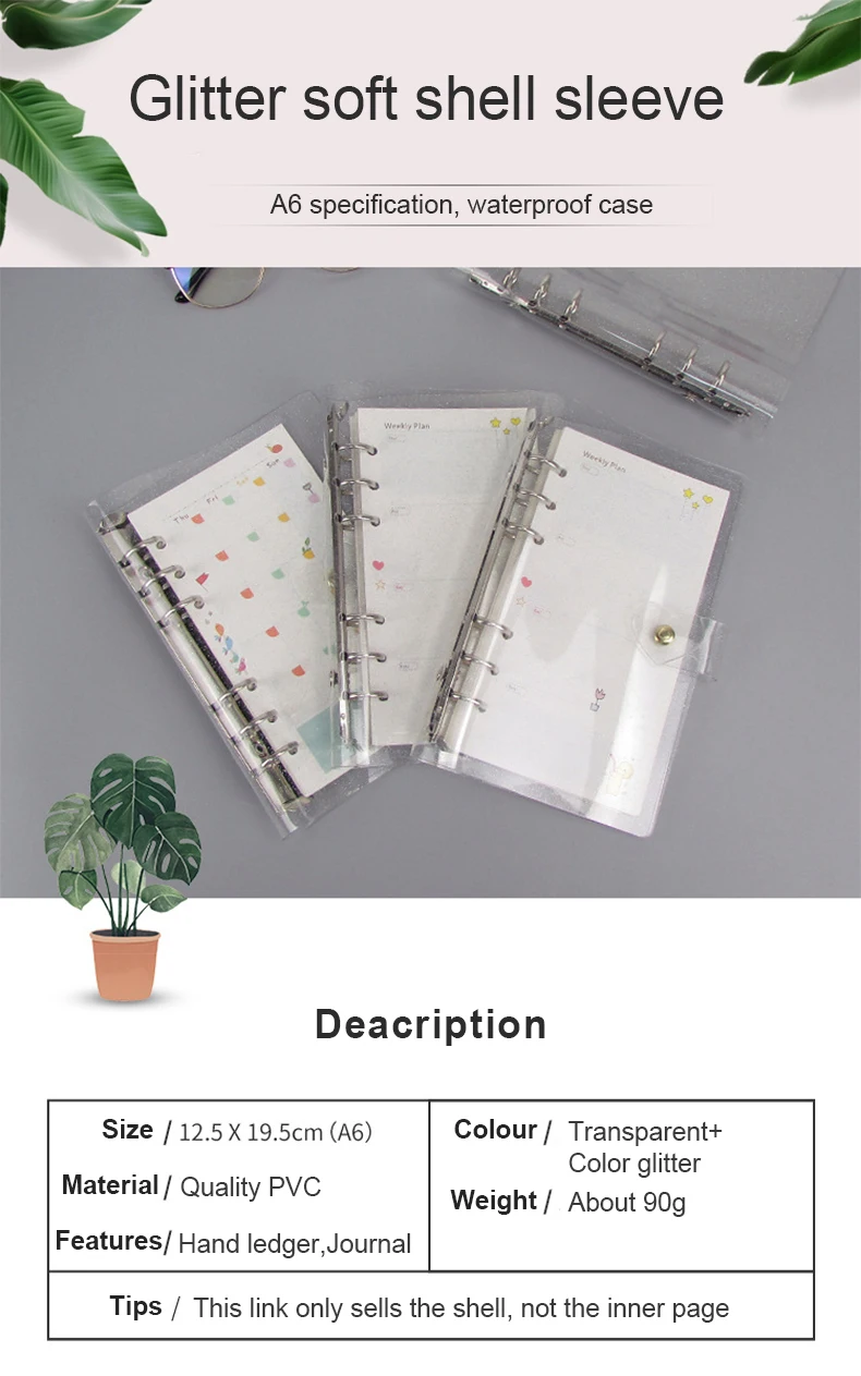 Ring Binder Book Cover Leaf Binder Protector Transparent Notebook Glitter Loose PVC Plastic with Snap Button Closure Planner