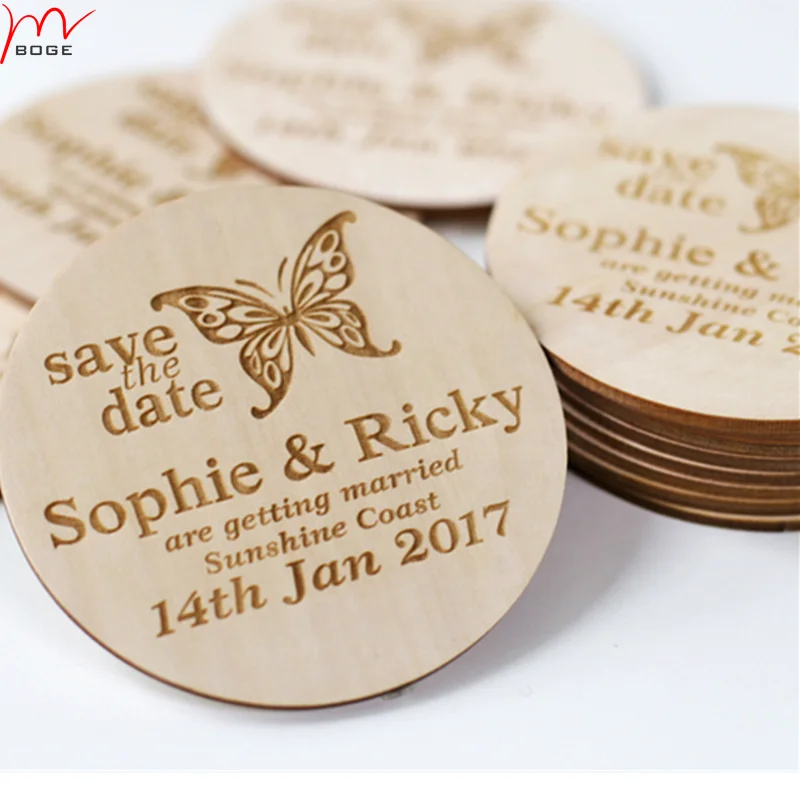 custom personalized engraved save the date magnetic fridge sticker wooden wedding card   
