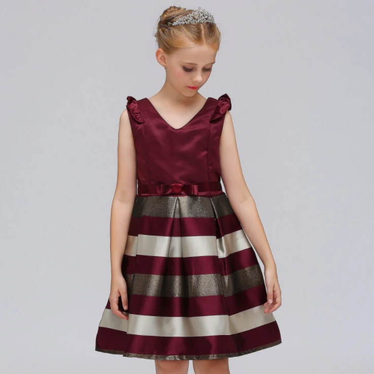 Girl's striped print princess dress v-neck dress with classic elegant princess dress