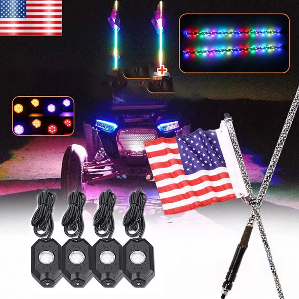 360 Glowing Dancing Chasee Moving Brake Turn Signal Flashing Strobe LED Whips and 4x Rock Light Combo Kit For ATV UTVpolaris RZR