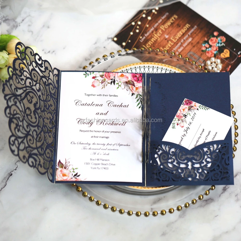 3d Wedding Invitation Card Dark-blue Laser Cut Paper - Buy Trifold 3d ...