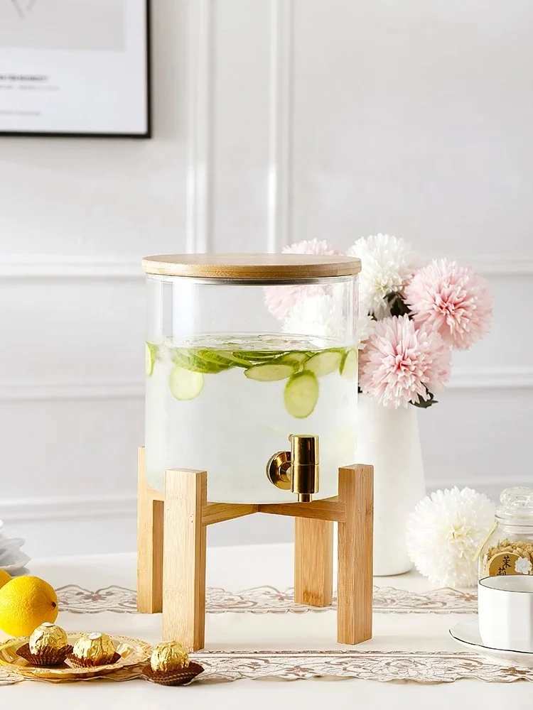 Clear High Borosilicate Glass Water Dispenser Large Bamboo Lid Beverage