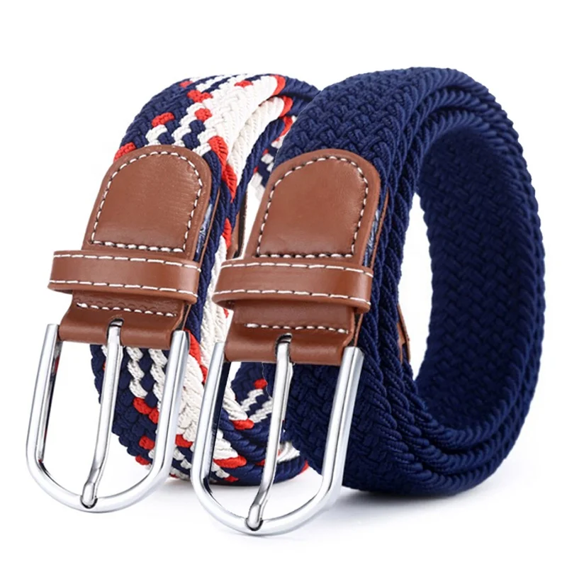 Mens Womens Elasticated Fabric Woven Braided Stretch Webbed Belt Leather Buckle 
