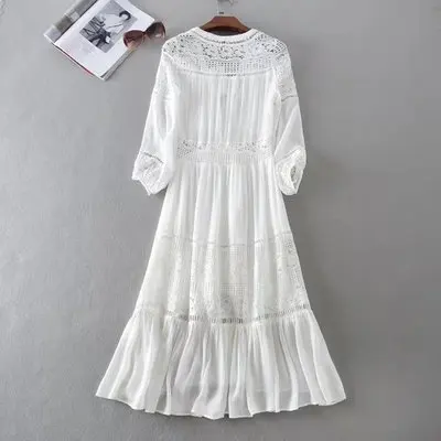 Vacation Lace Hollow Out Splice Button White Beach Dress For Women ...