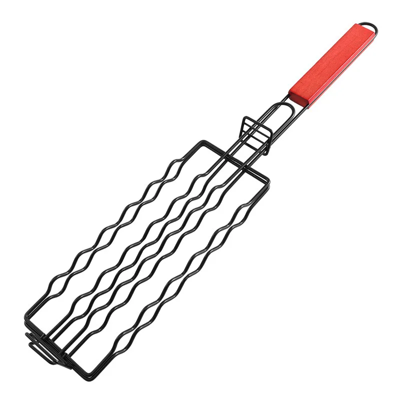 Outdoor Wooden Handle Metal Grill Basket Non-Stick Hot Dog Sausage Grilling Net Multi-Functional Camping BBQ Tool supplier
