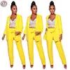 9081901 queenmoen new stylish yellow color pleated long sleeve OL blazer straight pants simple women clothing two piece set