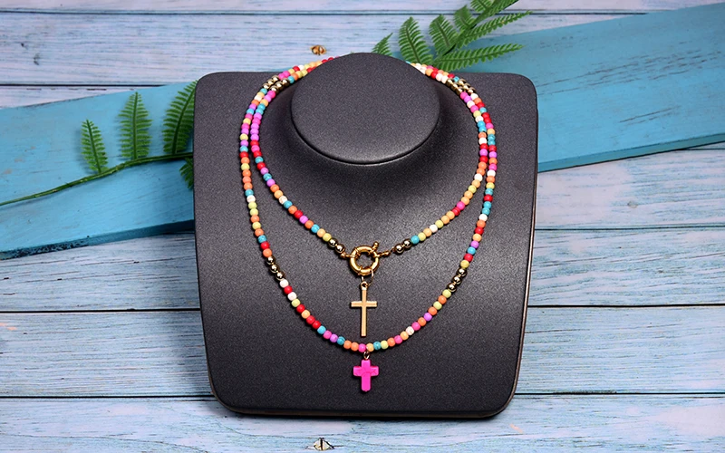 85cm Long Cross Pendant Necklace For Women Colour Beads Bohemian