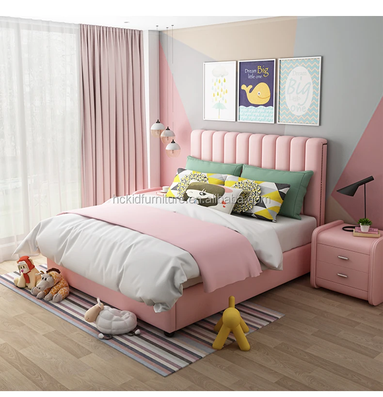 Children Pink Bed Frame Princess Queen Size Modern Leather Bed ...