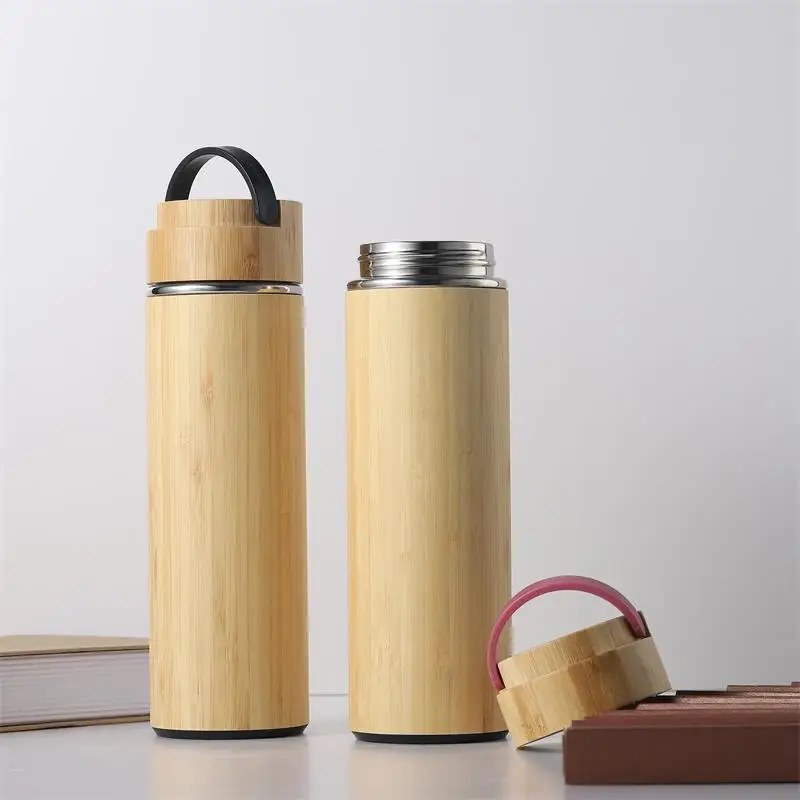 450/500ml Bamboo Coffee Cup Mug Thermos Portable Handle Business Office Stainless Steel Water Bottle For Men Women Custom Logo