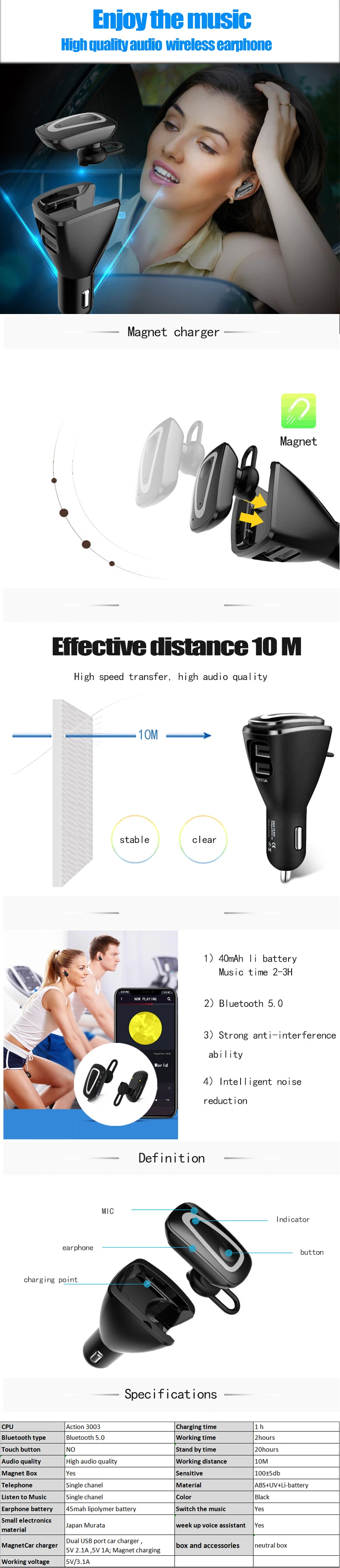 Portable Wireless Bluetooth Handsfree Headset 2in1Car Charger Magnetic and USB car charger with earphone headphone - ANKUX.COM