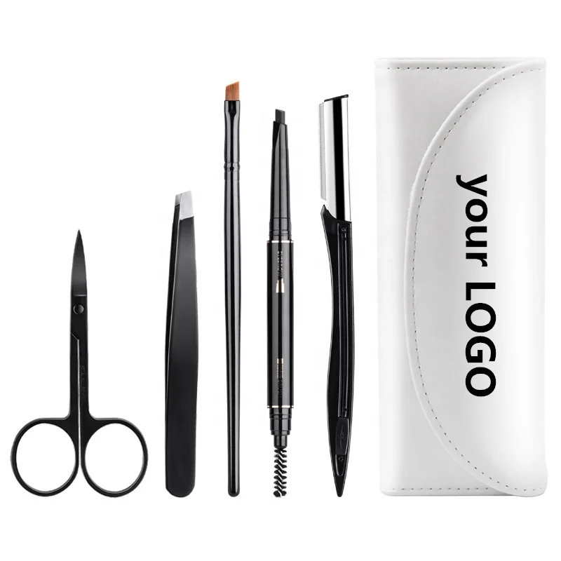 

Hot Sale Custom Black 5pcs PU Leather Eyebrow Scissors Tweezers Set