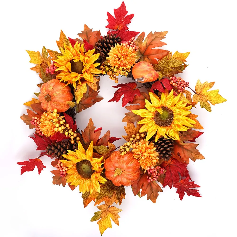 
Artificial Pumpkin Wreath Autumn Harvest Maple Leaf Front Door Garland Thanksgiving Decoration Halloween Party Supplies 