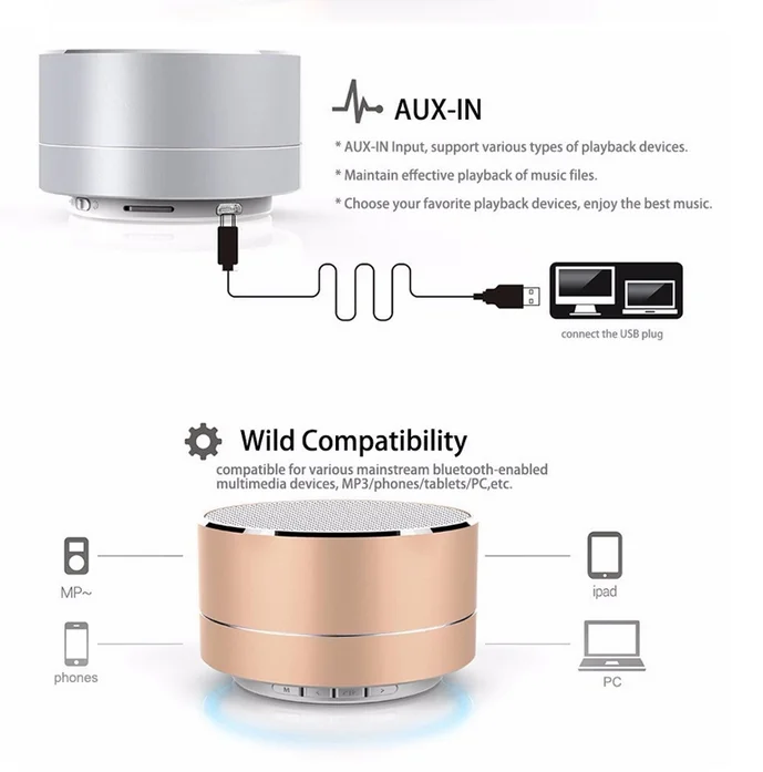 Aluminium Alloy Cylider Round Metal A10 3W Stereo Wireless BT Mini Portable Blue tooth Speakers - ANKUX.COM