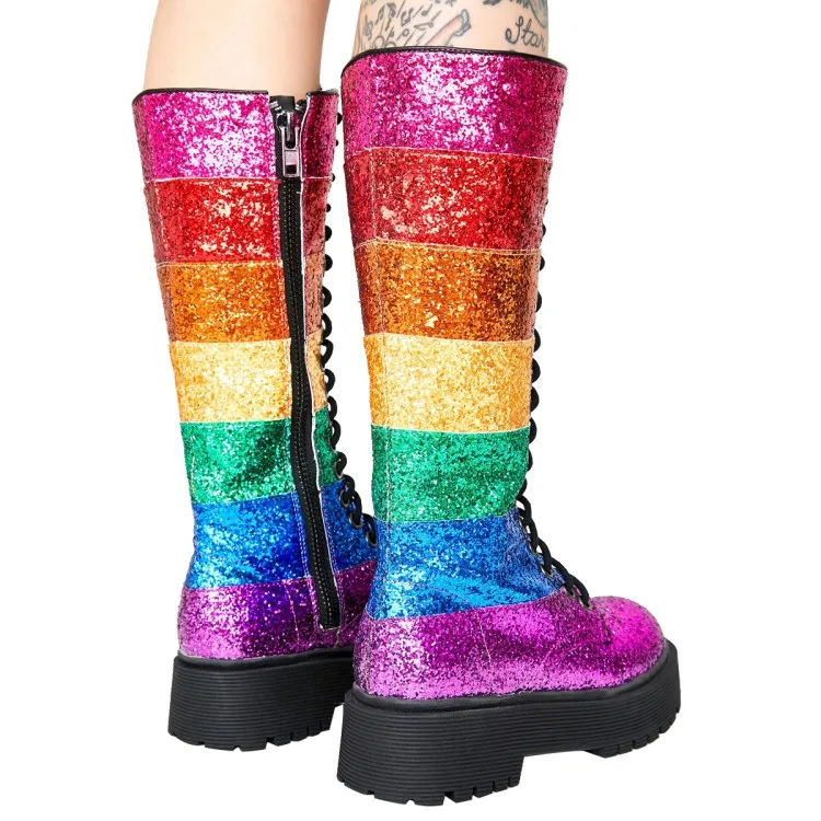 Handmade Custom Fashion Women Platform Flat Rainbow Glitter Boots Girls