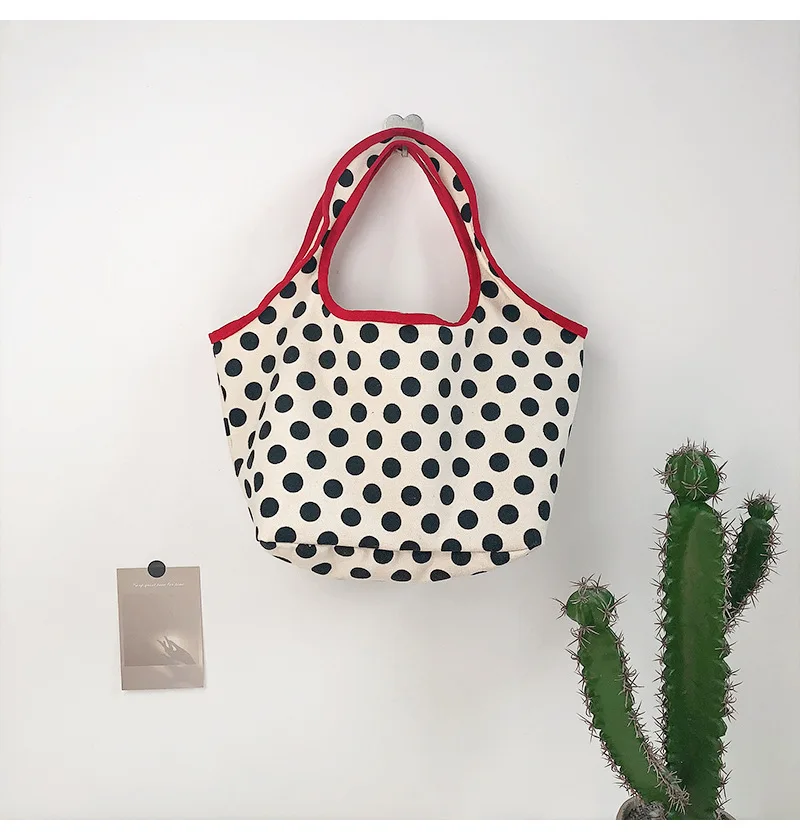 2024 Japanese Style Canvas Shopping Bag Fashionable Dot Casual Shoulder Handbag Outdoor Canvas Shopping Bag