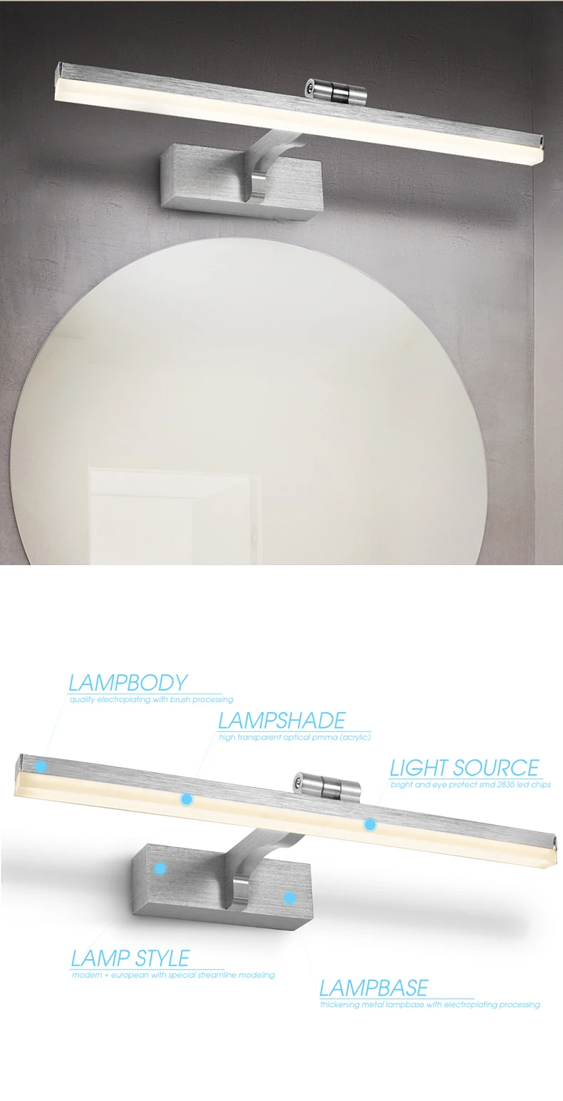 Simple design metal led mirror light shower room vanity mirror led light 8w brush bathroom lighting hotel wall sconce art lamps