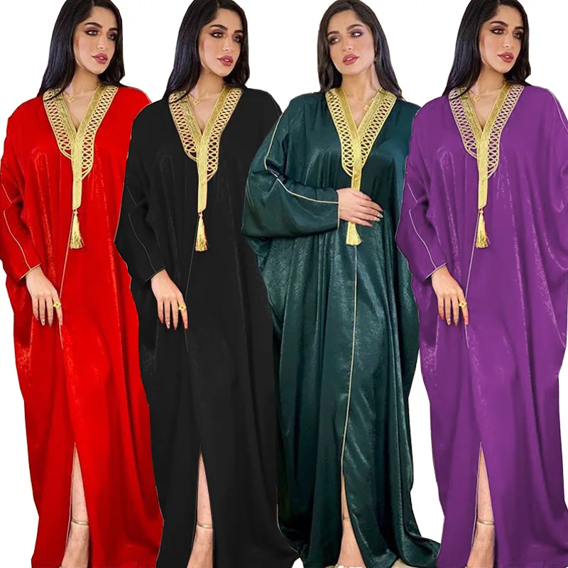 Ab015 Dubaï Cardigan Robe pour femmes longue musulmane Abaya manches chauve-souris Sexy velours vêtements Simple solide motif naturel taille