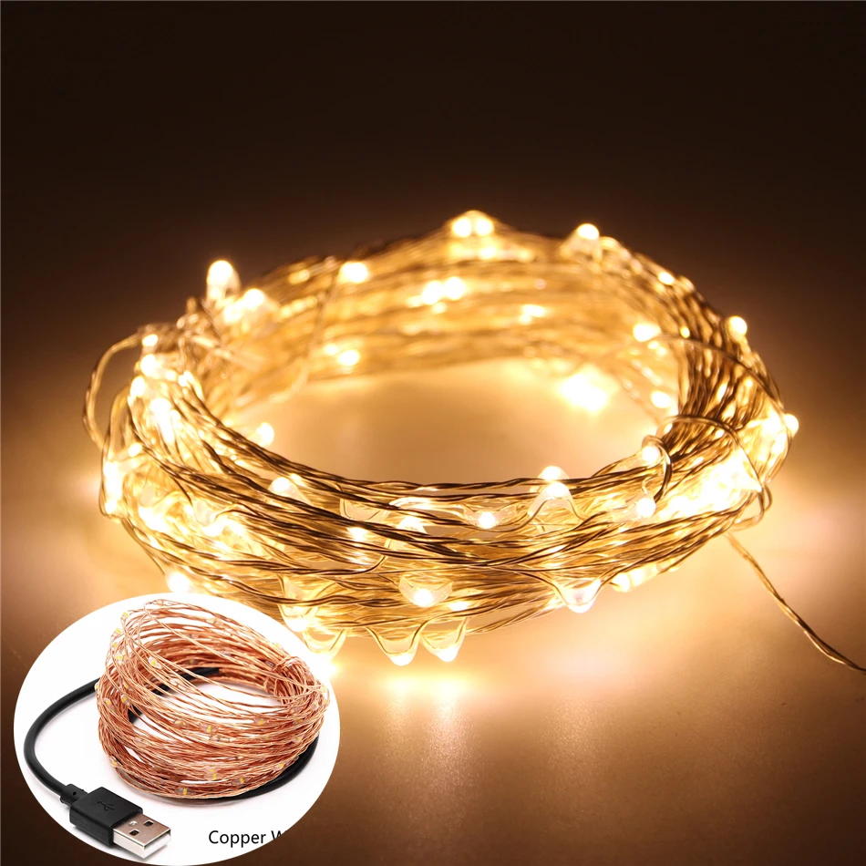 Waterproof Outdoor LED Fairy Light 5V 10M 100LEDs USB Copper Wire String Lights Warm White