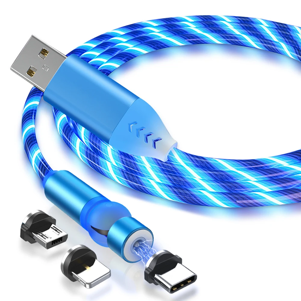 Wholesale In Stock Fast Charge 540 Degree Rotating LED light Flowing 3 In 1 Magnetic USB Data Cable