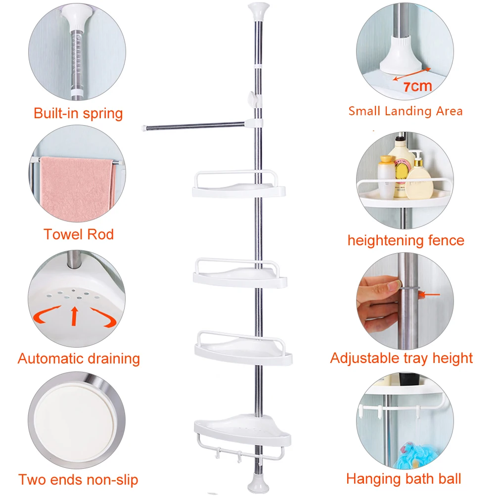 Baoyouni Stainless Steel 4 Tier Adjustable Bathroom Corner Rack Tension