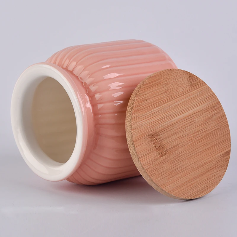 Wholesale Pink Ceramic Candle Jar with Bamboo Lid Home Decoration